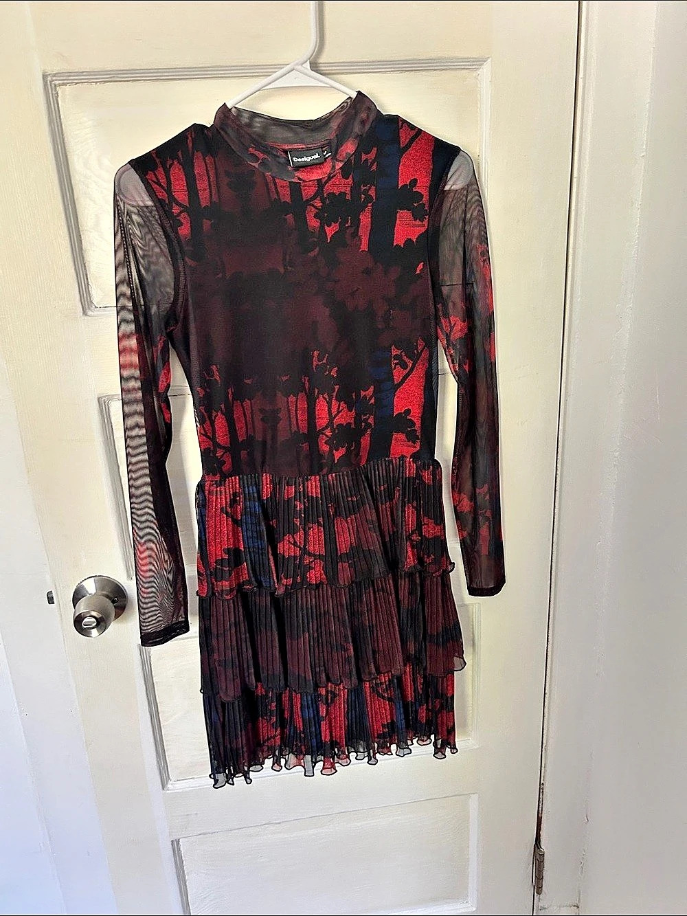 Desigual Print Mesh Long Sleeve Mini Dress Black & Red